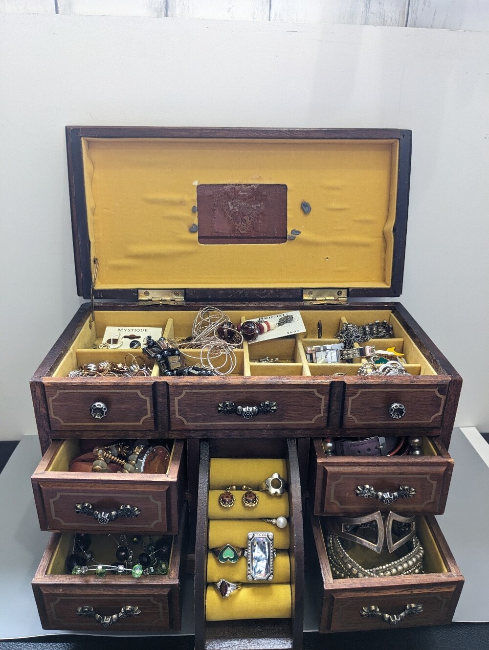 Vintage Wooden Jewelry Box Filled With Mixed Costume Jewelry Y2k